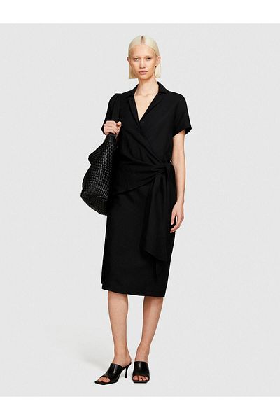 Sisley Linen Blend Shirt Collar Waist Part Elastic Dress Women Black Shirt - 324P40Brlv05L