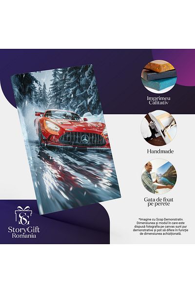 StoryGift Romania Tablou Canvas Masina Sport Mercedes Rosu Care Merge Cu Viteza Luminii Pe Drumul Cu Zapada Din