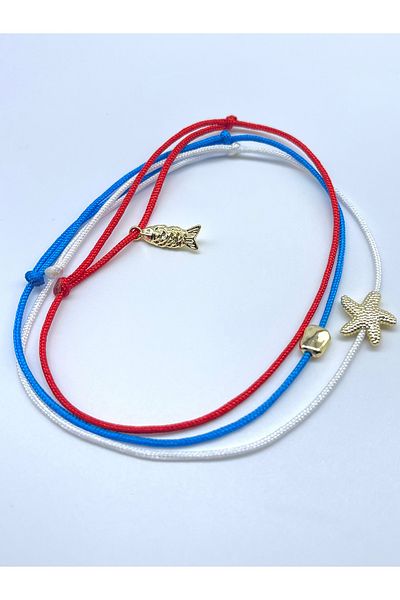Concept HuBuTU 3 Pieces Minimal Fish Starfish Luck Figured Red Blue White Rope Summer Anklet Set