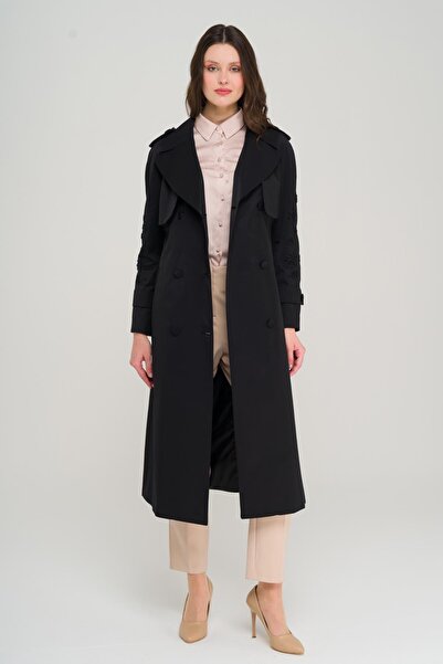 Olcay Kolları Boncuk ve İşleme Detaylı Su İtici Özellikli Premium Trençkot SİYAH 6688