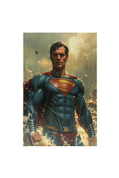 StoryGift Romania Tablou Canvas Superman Barbat Cu Parul Brunet In Costum Albastru Cu Pelerina Rosie Sta In Mare