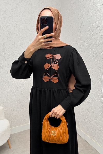 ALLMİRA FASHION Linen Dress with Leather Detail on the Front