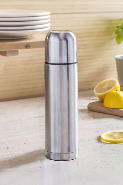 Verahed Deri Kılıflı Bardaklı 500 ml Gri Paslanmaz Çelik Küçük Mermi Termos Bardak Çay Kahve Mama Termosu.