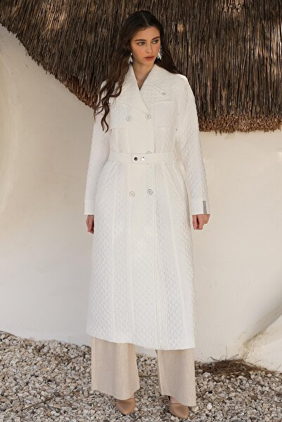 Olcay Metal Zincir ve Boncuk Detaylı Kapitone Desenli Hafif Trençkot EKRU 6704