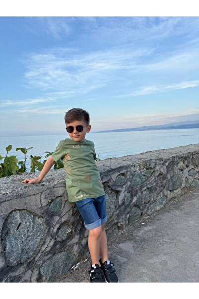 Pollito Boy's Khaki T-Shirt and Denim Shorts - Palm Print, 2-Piece Set