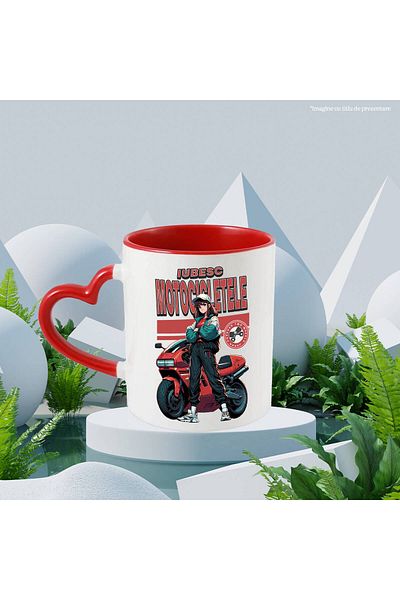 StoryGift Romania Cana cu Fata Animata Cu Sapca Tinuta Sport Motor Rosu Sport Viteza Text Iubesc M, Cu Maner Inim STG