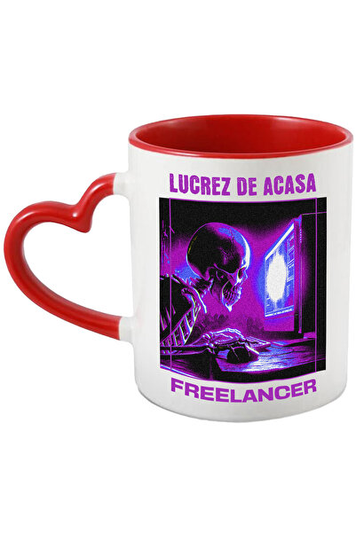 StoryGift Romania Cana schelete cu computer lucrez de acasa freelancer, 330ml, Ceramica cu Maner I, Cu Maner Inim