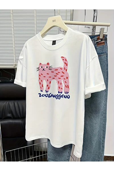 AEMİ Unisex mačka Štampano 100% pamuk Oversize kroj T-shirt