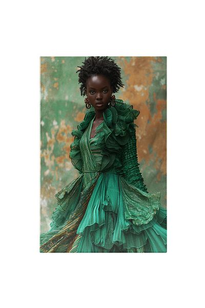 StoryGift Romania Tablou Canvas African Style Dama In Rochie Vaporoasa Verde Cu Model Si Cercei Cu Buzele Mari S