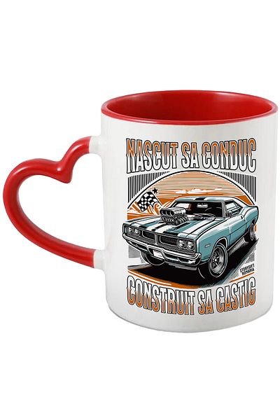 StoryGift Romania Cana construit sa castig nascut sa conduc masina vintige viteza, 330ml, Ceramica, Cu Maner Inim