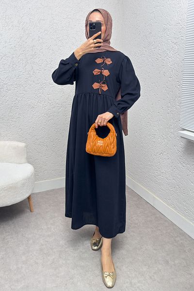 ALLMİRA FASHION Linen Dress with Leather Detail on the Front