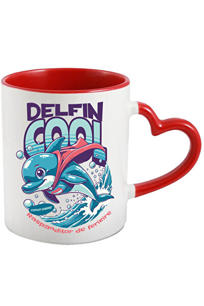 StoryGift Romania Cana Delfin cool, super erou, raspanditor de fericire, 330ml, Ceramica cu Maner , Cu Maner Inim