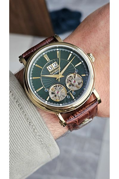 Raymond Rym-33002 Raymond Automatic Double Turbulon Mens Wristwatch - Stainless Steel Case and Leather Band