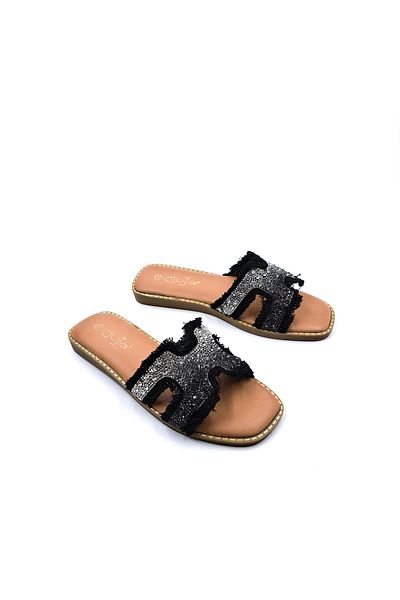 Guja Black Women's Slippers with Flat Sole Stones and Tassels
