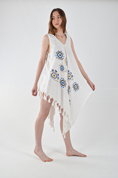 REİNA TEKS Bell Dress Evil Eye Beaded Eye Pattern Asymmetric Dress Cotton Viscon Beach 1 Pçs Pareo Beachwear