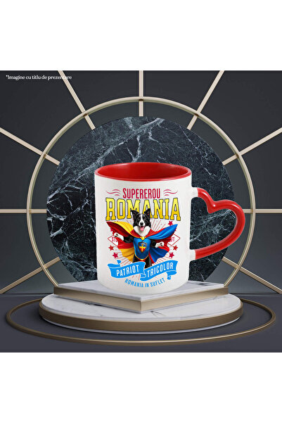 StoryGift Romania Mug with Border Collie Dog in Captain Romania Costume with Cape, Hero Noctu, with Heart Handle STG