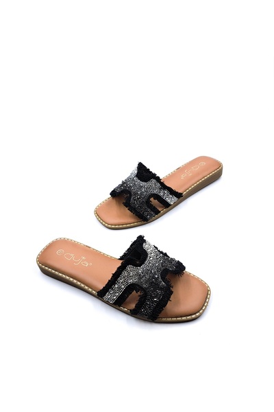 Guja Black Women's Slippers with Flat Sole Stones and Tassels