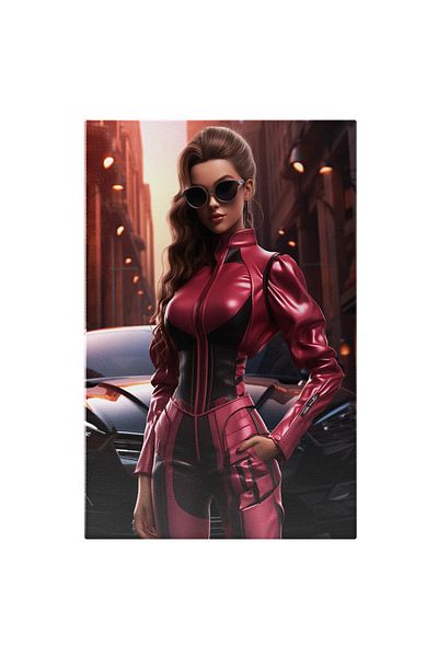 StoryGift Romania Tablou Canvas: Attractive Woman Femeie In Salopeta De Latex Cu Model Negru Si Masina Sport Nea