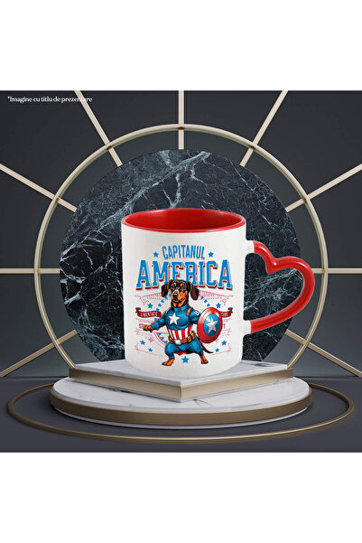 StoryGift Romania Mug with Dachshund Dog in Captain America Costume with Cape, Hero, with Heart Handle STG
