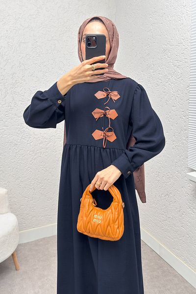 ALLMİRA FASHION Linen Dress with Leather Detail on the Front