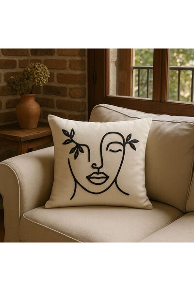 portofino Minimalist Yüz Desenli Kırlent Kılıfı – Siyah Nakış