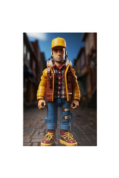 StoryGift Romania Tablou Canvas: Figurina Lego Barbat Cu Casca Galbena Protectie Si Camasa In Carouri Cu Pantalo