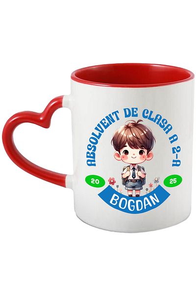 StoryGift Romania Cana cu Baiat Scolar Cu Breton Si Rucsac Text Absolvent De Clasa A 2 a Bogdan Ed, Cu Maner Inim