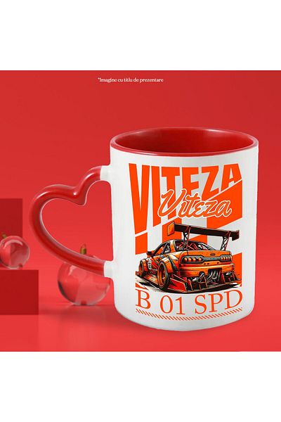 StoryGift Romania Cana cu Masina Portocalie De Curse Numar 32 Viteza Text B 01 SPD, Ceramica, 330M, Cu Maner Inim STG