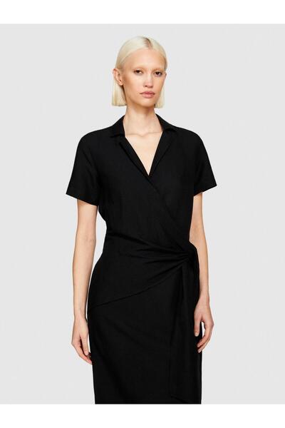 Sisley Linen Blend Shirt Collar Waist Part Elastic Dress Women Black Shirt - 324P40Brlv05L