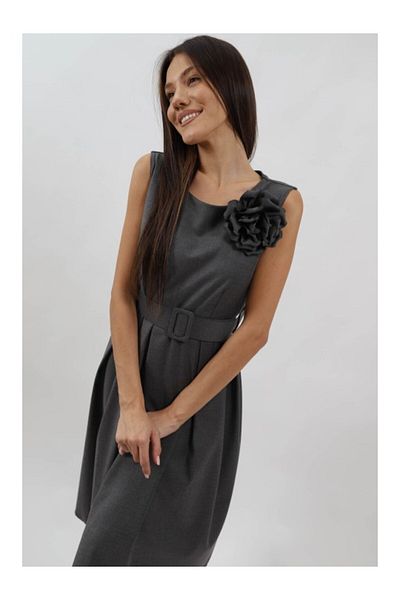 FASHIONLAND MIDI DRESS WITH EMBOSSED FLOWER, MALLY WAIST BELT, ONE SIZE FITS ALL, Grey