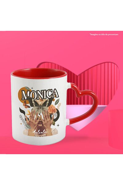 StoryGift Romania Mug With Name Monica, Girl Collage, Butterfly, Flowers, Circle, 330ml, Ceramic With Handles, With ,stg