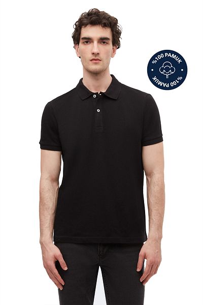D'S Damat Ds Damat Regular Fit Black 100% Cotton Long Lasting Non-Curling Polo Neck Embroidered T-Shirt