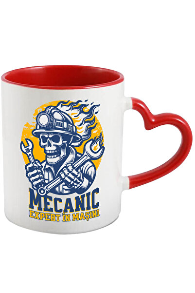 StoryGift Romania Cana mecanic schelete cu casca in flacari expert in masini, 330ml, Ceramica cu M, Cu Maner Inim