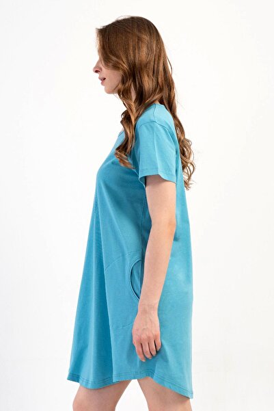 VİENETTA Women's Large Size Short Sleeve Turquoise Tunic C3T6N0O014