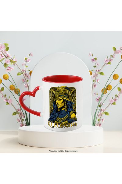 StoryGift Romania Mug Cleopatra Queen of Gold, Egypt Wealth, 330ml, Ceramic with Red Heart Handle, With Heart Handle STG
