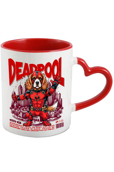 StoryGift Romania Cana cu Cocker Spaniel / Cocker Spaniel Caine In Costum de DeadPool cu Pelerina,, Cu Maner Inim