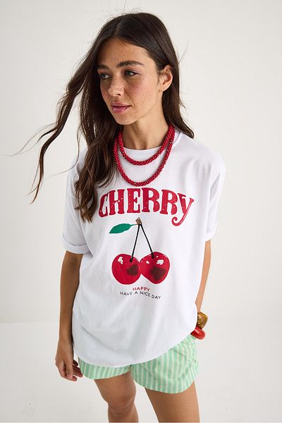 Bianco Lucci Damen-T-Shirt aus Baumwolle mit Kirschdruck in Übergröße, Basic, 04025 60284052