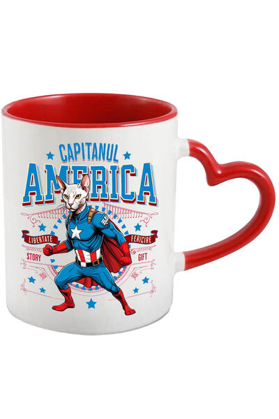 StoryGift Romania Mug with Sphynx Cat in Captain America Costume with Cape, Night Hero, By, With Heart Handle