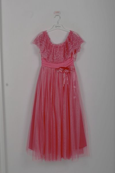 incity Girl's Tulle Lace Floral Belt Pink Evening Dress