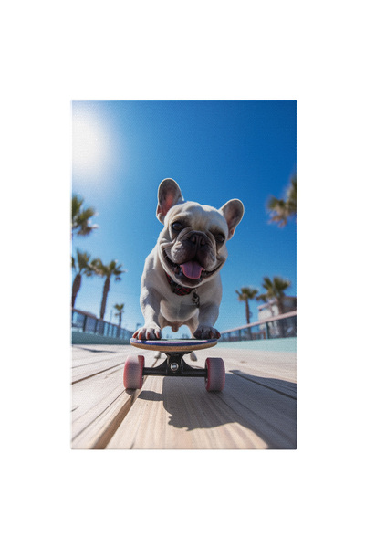 StoryGift Romania Tablou Canvas: Bulldog Francez Care Se Da Cu Skateboard-ul - Joaca Alb Distractie Pictura Digi