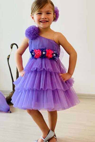 Riccotarz Girl's One Shoulder Waist Flower Embroidered Ribbon Detailed Layered Tulle Lilac Evening Dress
