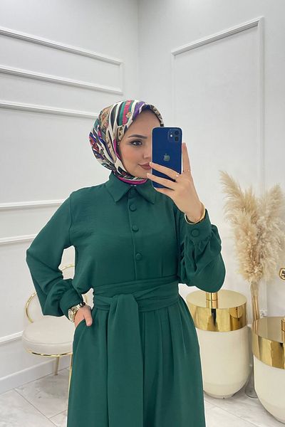 Neşeli Butik Women's Belted Shirt Collar Loose Islamic Jumpsuit Nms010