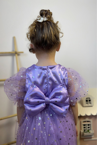 penu baby kids Lila Yıldız Desenli Fiyonklu Kısa Balon Kollu Kız Çocuk Kız Bebek Elbise