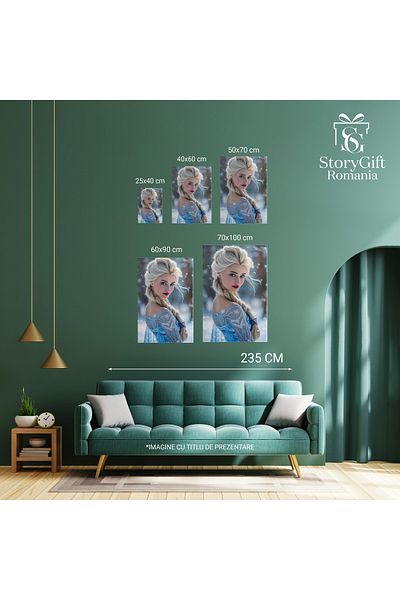 StoryGift Romania Tablou Canvas: Elsa Fata Cu Par Blond Si Ruj Roz In Rochie Albastra Intr-un Peisaj De Zapada P