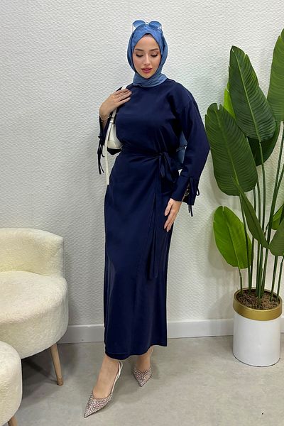 Tesettür Diyarı Women's Summer Fabric Tie Skirt Suit - Navy Blue
