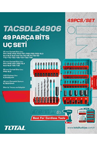 TOTAL 49 Parça Bist Uç Seti HSS,PH,PZ,SL,T Manyetik Somun Çok Amaçlı Profesyonel TACSDL24906