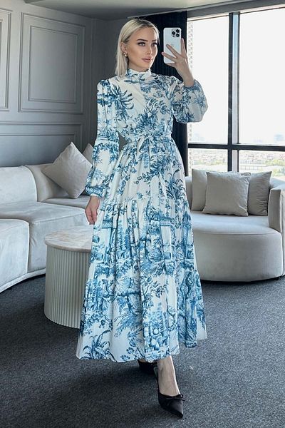 benguen Patterned Hijab Dress Navy Blue 506-1