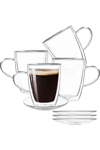 Quasar & Co. Set of 4 Cups and 4 Saucers, ®, 350 ml Double Walled, Heat Resistant