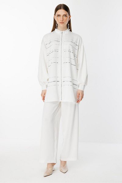 Ghisa Stone Detailed Jacket Trousers Suit 4842 Ecru