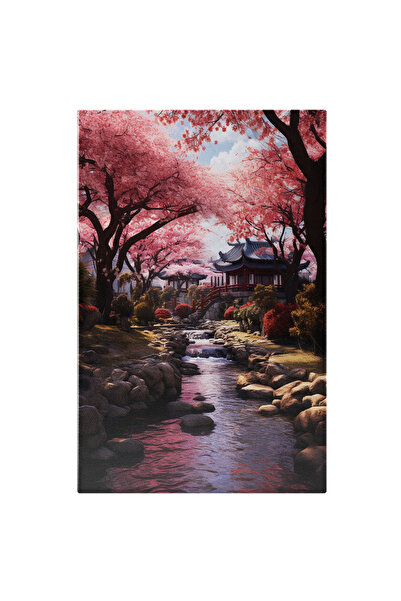 StoryGift Romania Tablou Canvas: Râu Și Templu Japonez Cu Copaci Roz- Cultură Și Peisaje Pictura Digitala